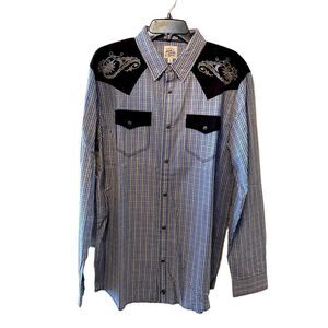 Moon shine plaid blue white black plaid pockets covered snaps embroidery
